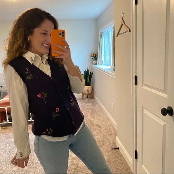 Deadstock Vintage Tulchan Purple Needlepoint Floral Top and Vest Set Small - Picture 11 of 16